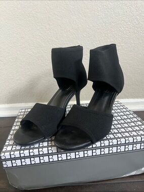 Textured Black Open-Toe Ankle-Cuff Stiletto Heels